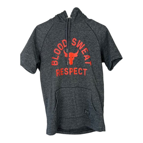 UNDER ARMOUR Project Rock Gray Short Sleeve Hoodie Blood Sweat respect Bull M - Picture 2 of 6